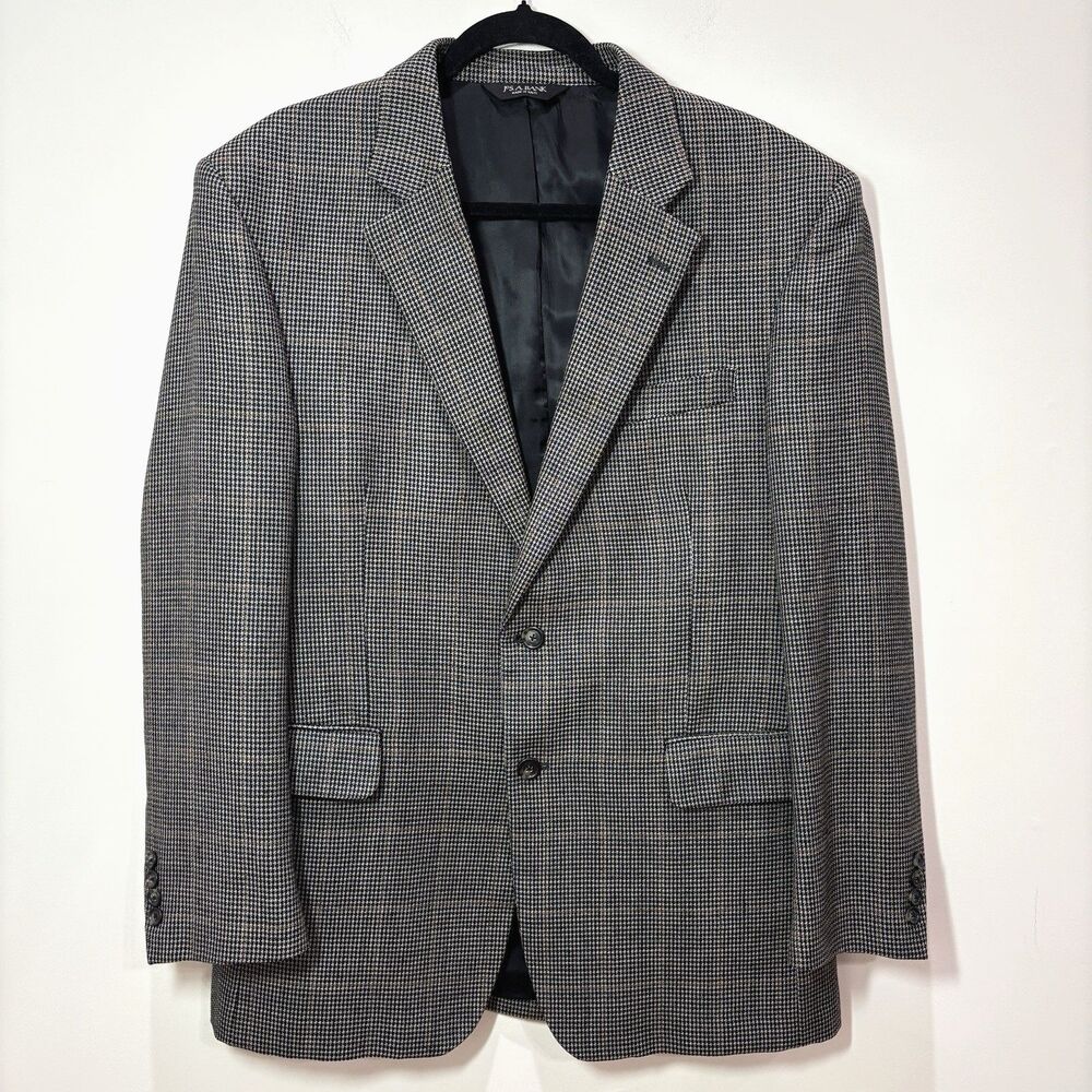 Jos A Bank Houndstooth Silk Wool Gray Blazer Men 42R Sport Coat Old Money Career